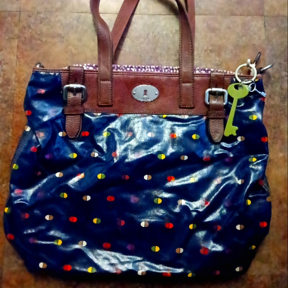 Fossil Key Per Large Coated Canvas Shoulder Bag Tote Purse Navy Double Strap